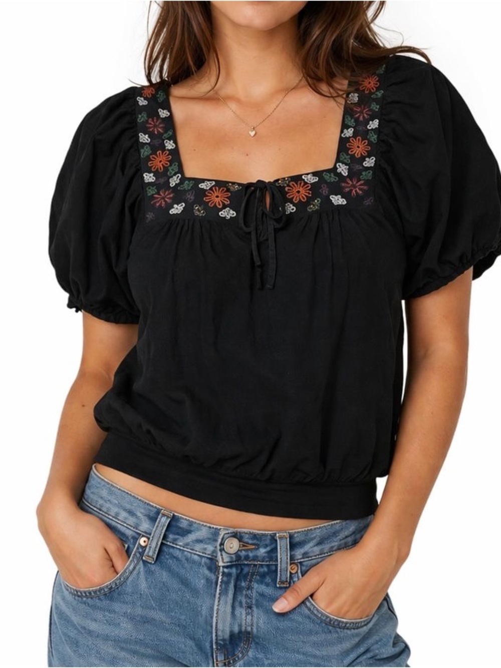 LaRok Top Womens L Black Blouse Square Neck Embroidered Folk Artsy Boho Indie